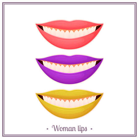 A set of lips in the form of stickers, with different colors of applied lipstick. On a white backgroundのイラスト素材
