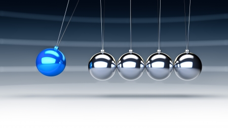 Rendering of newtons cradle with a blue ballの写真素材