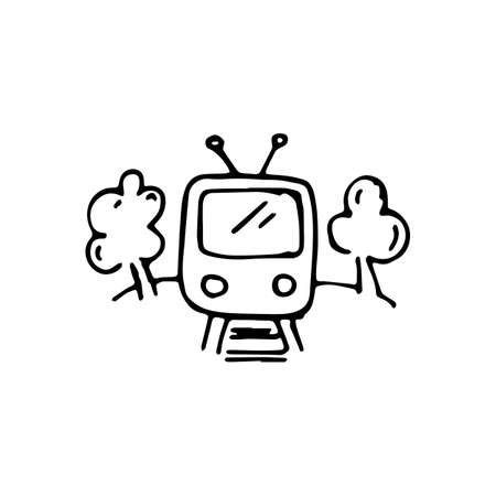 Handdrawn doodle train icon. Hand drawn black sketch. Sign symbol. Decoration element. White background. Isolated. Flat design. Vector illustration.のイラスト素材