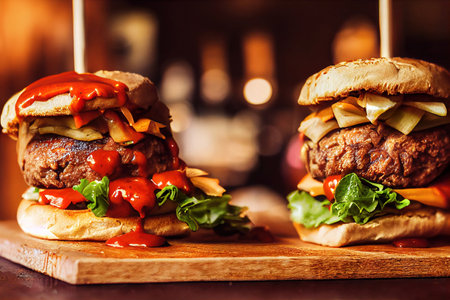 Beef cotlet burger with sauce on a wooden boardの写真素材