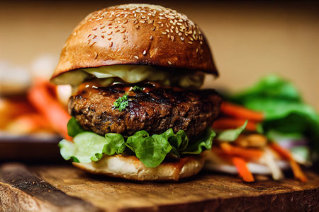 Beef cotlet burger with sauce on a wooden boardの写真素材