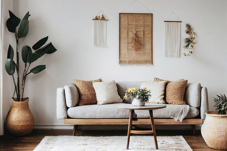 Stylish and modern living room interior in boho style with mockup photo frames, flowers in a vase, wooden table, beige macrame and elegant accessories. designer home decor. Bohemian concept.の写真素材