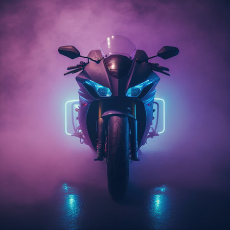 Motorbike in a futuristic night city with neon light and fog, 3D rendering.
