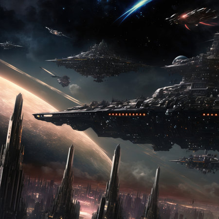 Space armada above a futuristic city, black spaceship.の写真素材