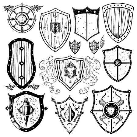 hand drawn medieval shield setのイラスト素材