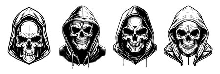Hand drawn set of skulls in hood.のイラスト素材
