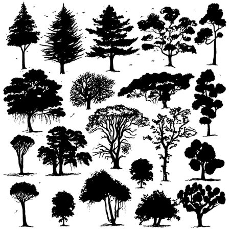 hand drawn set of trees silhouetteのイラスト素材