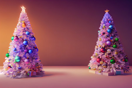 golden christmas tree on violet backgroundの写真素材