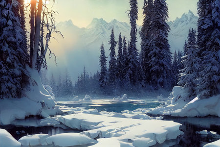 Beautiful winter forest scene with ice water, deep snow, blue sky, sunny weather, frost.の写真素材