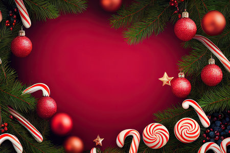 Merry Christmas and happy New Year border frame on red background. Festive decor of fir branches, Christmas balls and candy caneの写真素材