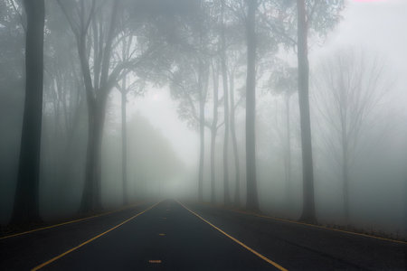 Scenic road and big trees in fog, mystical foggy autumn day