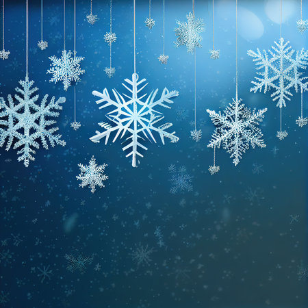 Snowflakes hanging against blue backgroundの写真素材