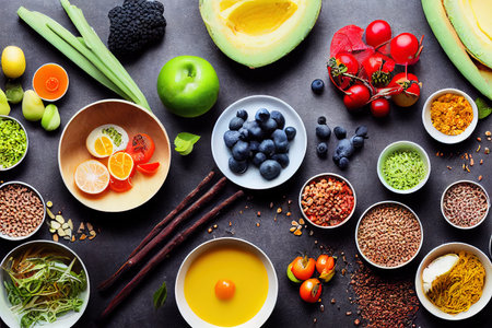 Assorted organic food products on the tableの写真素材