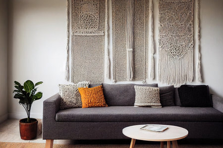 Wall panel in Boho style made of cotton threads of natural color using macrame technique in the...