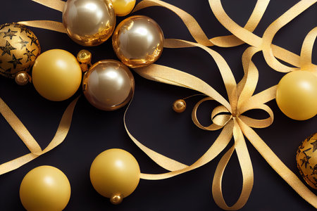 Golden new year tree toys and ribbons top view background.の写真素材