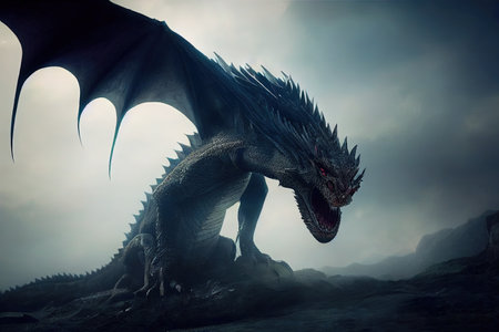 A digital illustration artwork of mythical dragon, a large reptile in an epic painting with cinematic background.の写真素材