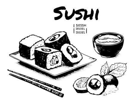 Hand drawn sushi and chopsticks, sushi board.のイラスト素材