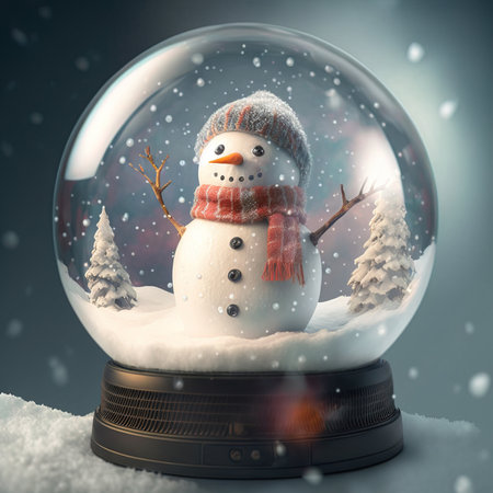 Cute snowman inside a snow globe, 3d render.の写真素材