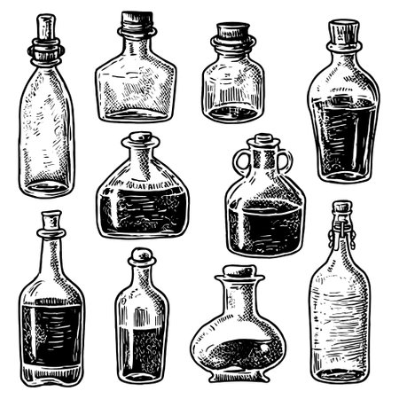 Vector illustration of a different bottle set. vintage engraving styleのイラスト素材
