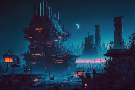 3D illustration of a futuristic city in a cyberpunk style. digital paint.の写真素材