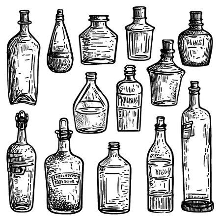 Vector illustration of a different bottle set. vintage engraving style.のイラスト素材