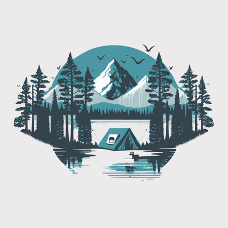 camping logo. Forest, lake, mountains, vector illustration.のイラスト素材