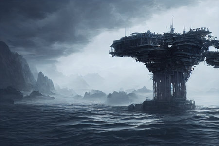 Dramatic floating platform. Building on a fode on an alien planet.の写真素材