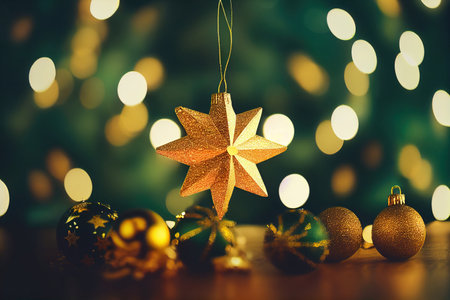 Christmas background with golden star. New Year's decor. Christmas balls and golden bokeh lights.の写真素材