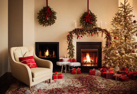 Christmas living room interior with decorated fireplace, armchair and Christmas treeの写真素材