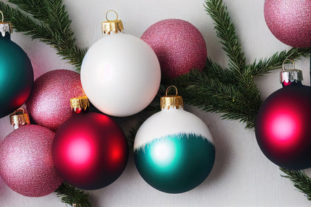 Xmas decoration with xmas tree and balls. Top view, flat lay.の写真素材