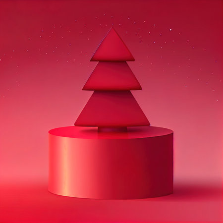 Christmas tree on a stage pedestal or platform. winter christmas red background with fir tree. 3d rendering.の写真素材