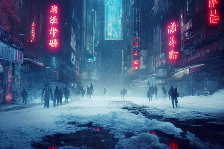 Cyberpunk post-apocalyptic dystopian winter city , narrow street, neon lights, concept art, digital painting.の写真素材