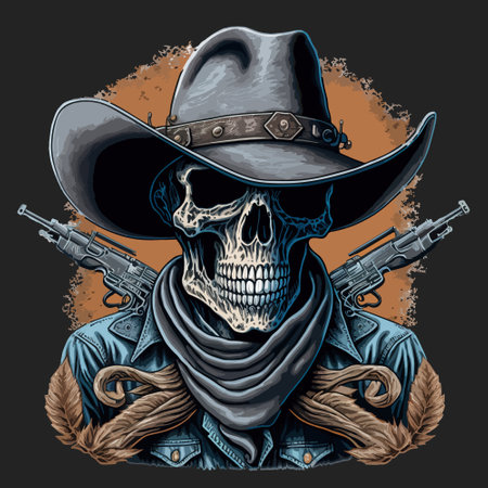 Cowboy Skull With Revolver, Vector Art.のイラスト素材