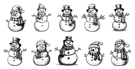 Set of hand drawn snowmenのイラスト素材