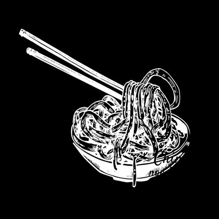Chiness noodless in the wok. hand drawn vector illustration.のイラスト素材