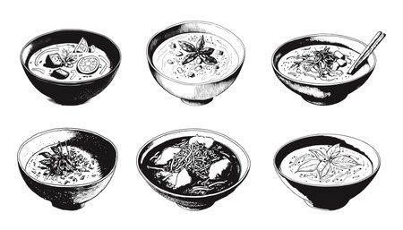 Tom Kha Gai, thai food. Chicken coconut soup. Hand drawn vector illustration set.のイラスト素材