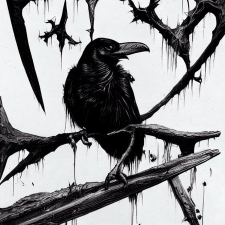 Black crow on a branch. Bird sits on a tree. Sketchの写真素材