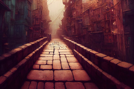 Narrow stone road to the city, Old town, Digital paintingの写真素材