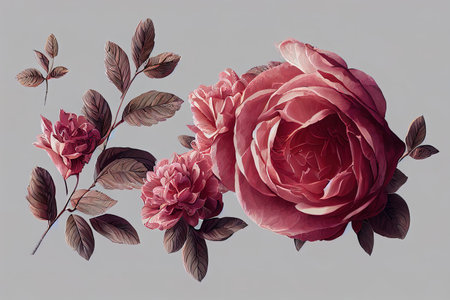 flowers. floral illustration in pastel colors. Bouquet of flowers red rose, Leaf and buds. Cute composition for wedding or greeting card. branch of flowers.の写真素材
