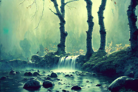 Stream with a waterfall between birches, foggy forest, digital painting.の写真素材