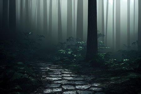 Dark forest panorama, path in magical scary forest at night, digital painting.の写真素材