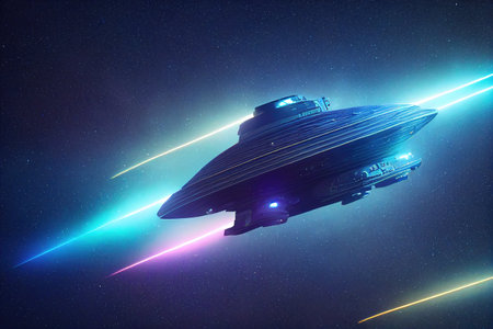 Alien spaceship in deep space, digital illustration.の写真素材