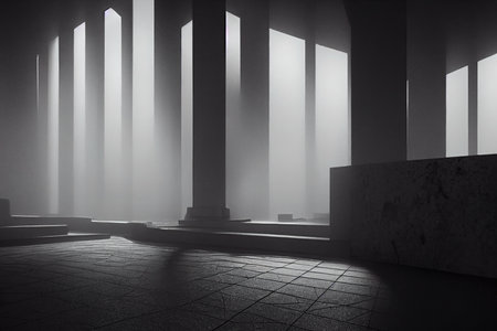Abstract empty concrete room interior with columns and fog, digital illustration.の写真素材