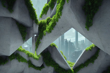 Surreal city exterior, concrete with plants, digital illustration.の写真素材