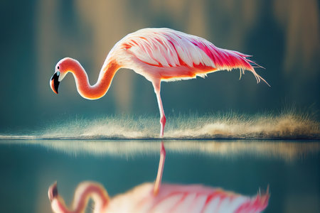 Side view of a flamingo standing in the water, digital illustration.の写真素材