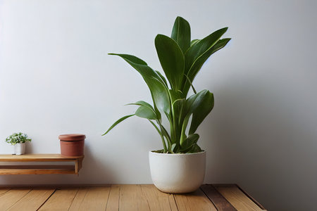 House plant on a wood shelf against a white wall. copyspace. digital illustration.の写真素材