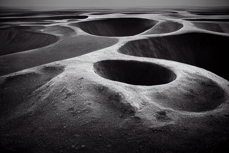 Desert with holes, dune, alien planet, digital illustration.