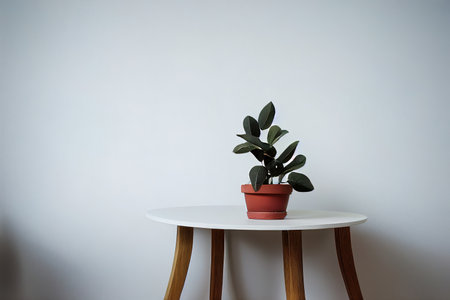 House plant on a wood table against a white wall. copyspace. digital illustration.の写真素材
