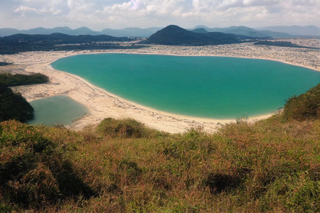 Scenic view of the lake against the backdrop of mountains Digital illustration.の写真素材