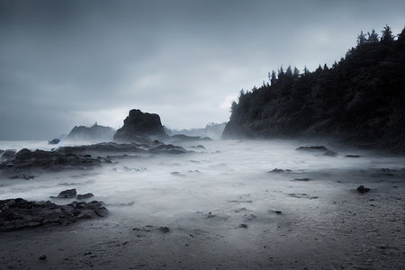 Scenic view of the beach with dense fog, Digital illustration.